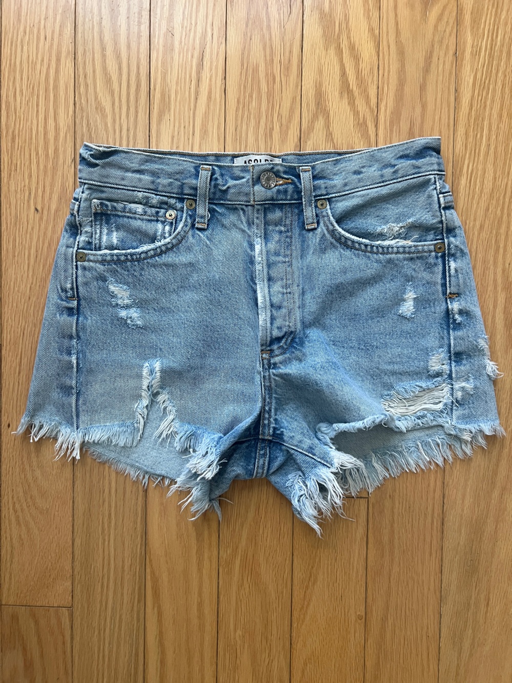 Agolde Light Wash Distressed Frayed-Hem Denim Shorts